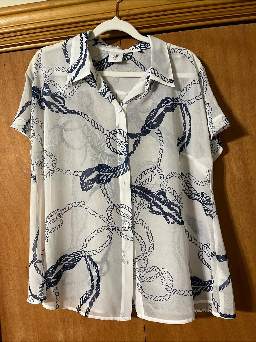 CAbi Boating Blouse #5229 White with Navy Rope Print- medium
